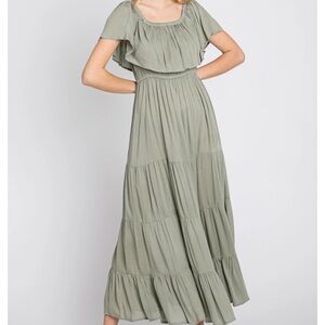 Pink blush maternity off the shoulder dress